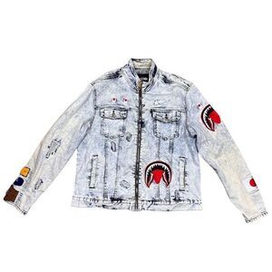 Makobi Men's 2XL Blue Denim Jacket Acid‎ Wash Distressed Casual Patches